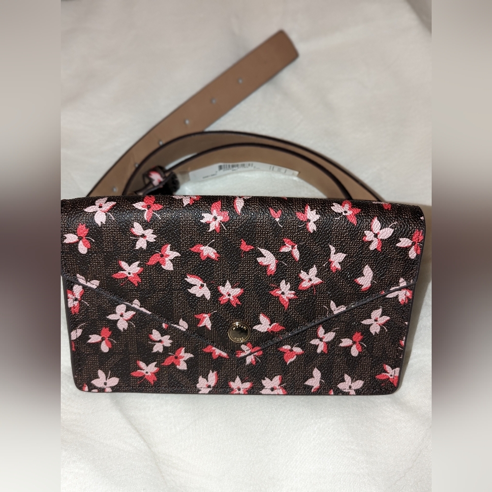 Floral Envelope Crossbody Wallet - Pink on Brown